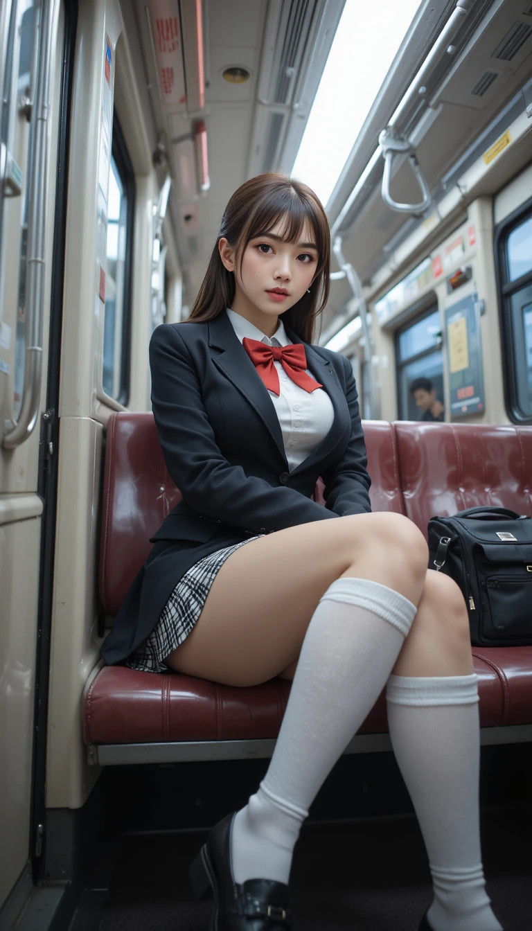 Japanese schoolgirl sitting on a crowded train seat