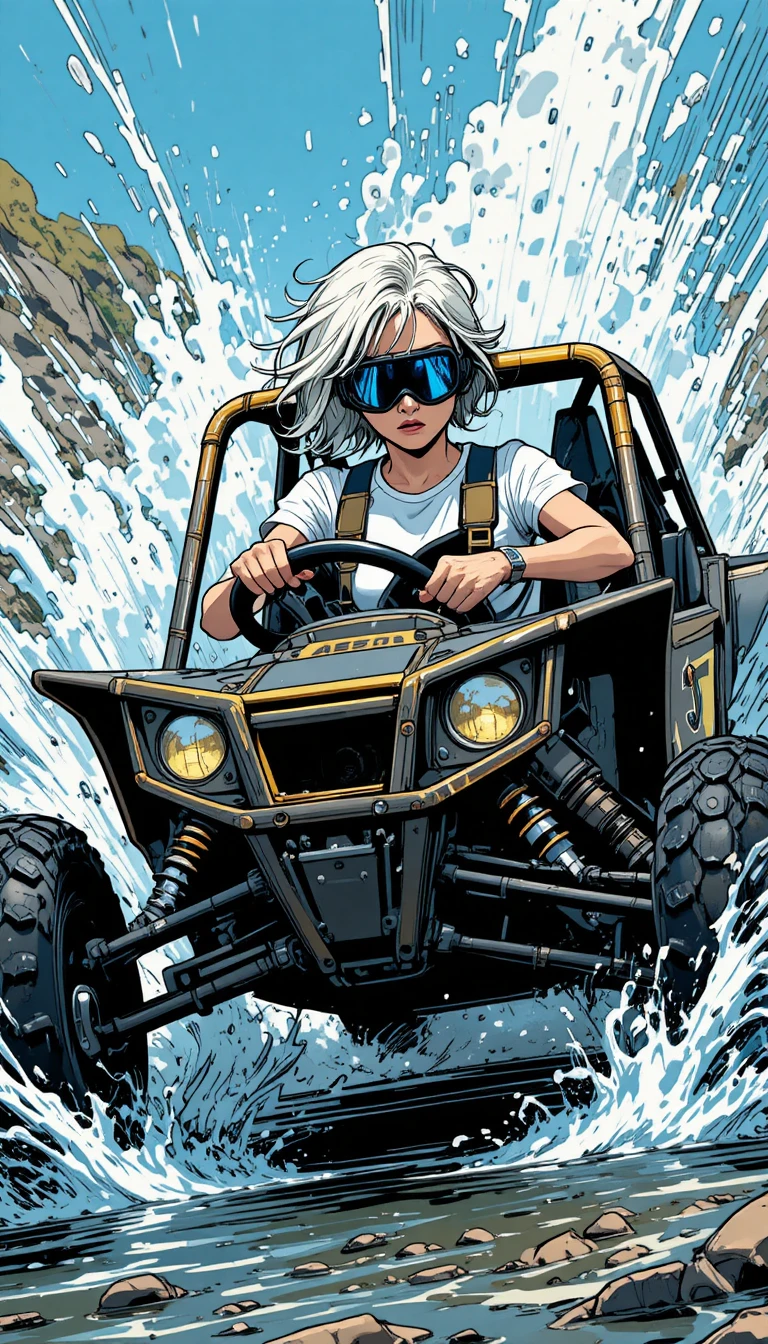 Young woman driving off road buggy through splashing stream