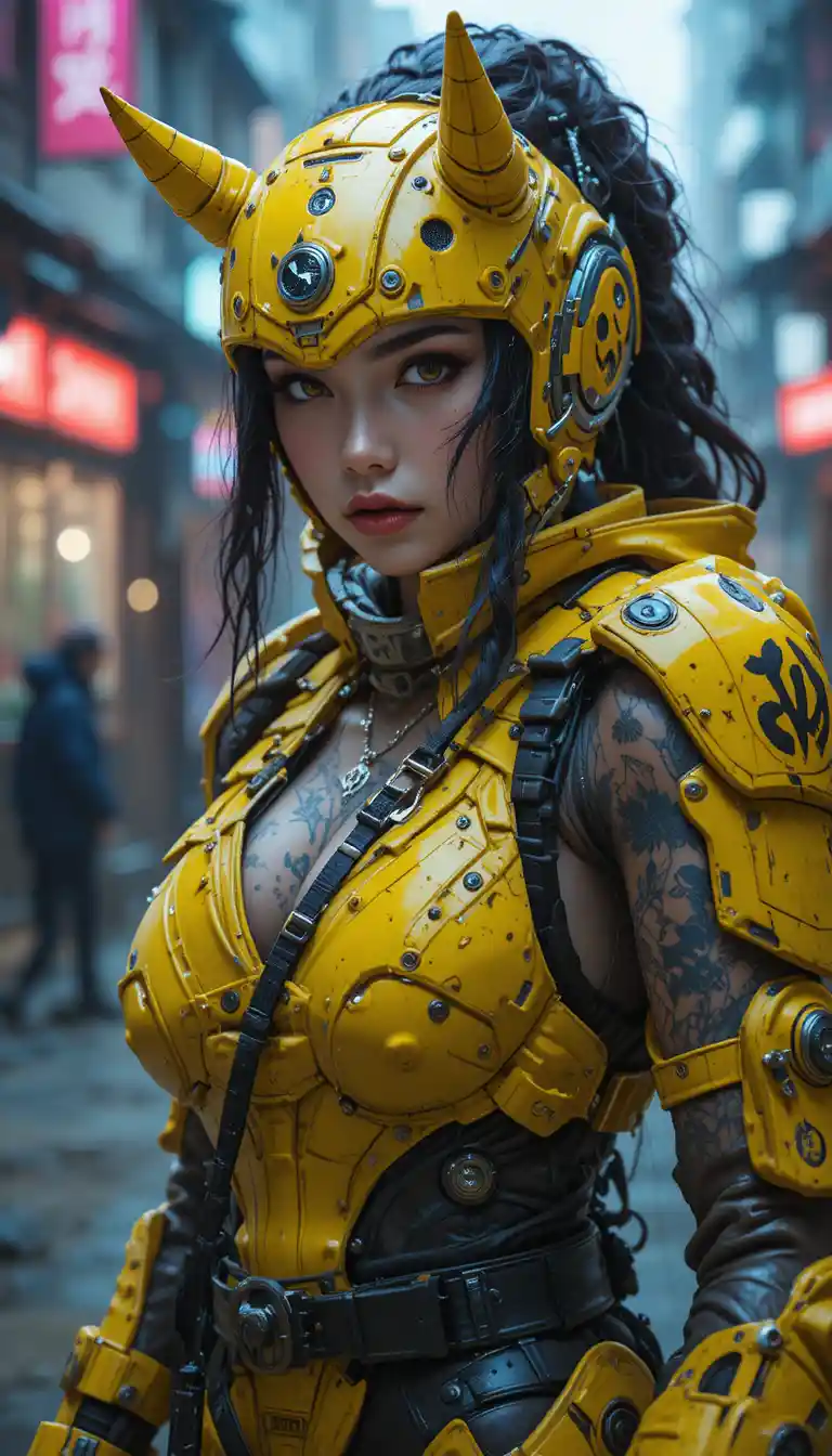 Cyberpunk Rhinoceros Goddess In Yellow Armored Ninja Suit