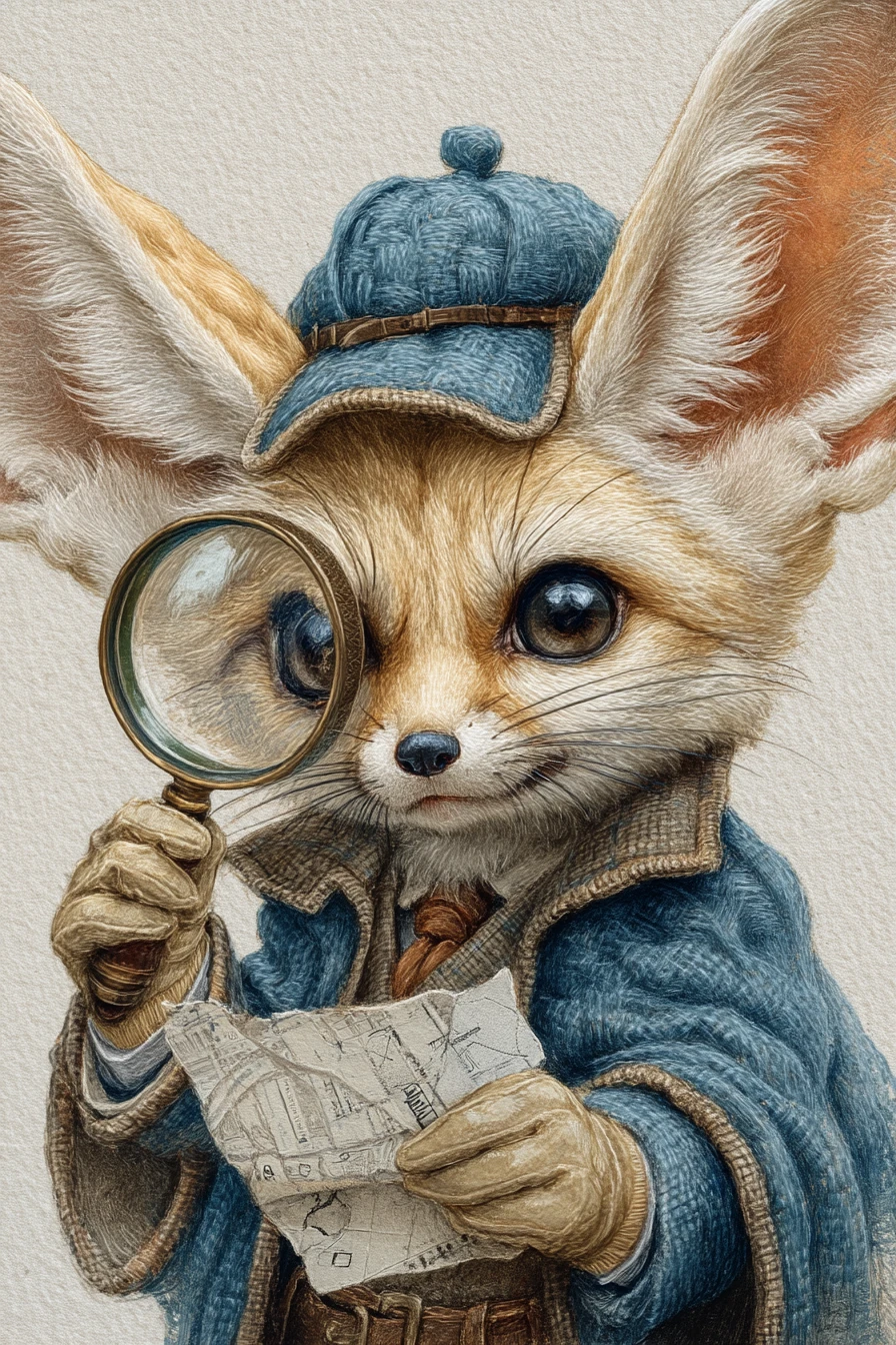 手持放大鏡的耳廓狐偵探插畫