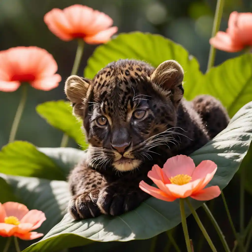 Bébé léopard endormi sur une feuille parmi des coquelicots