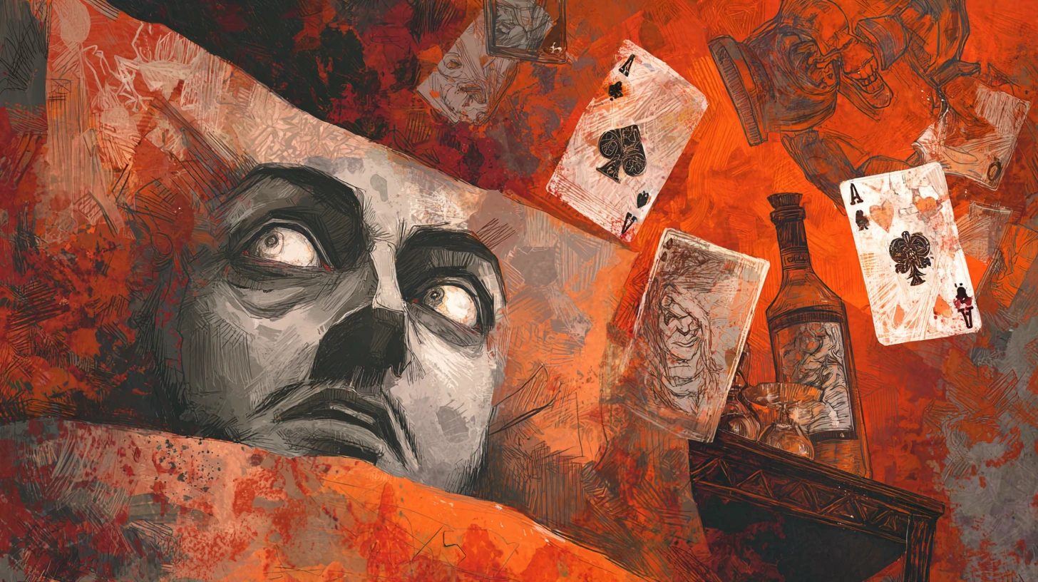 Surreal male face on a bed haunted by floating demons