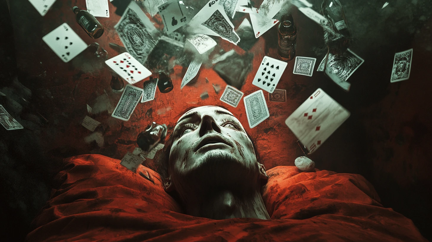 Surreal male face in bed haunted by floating demons