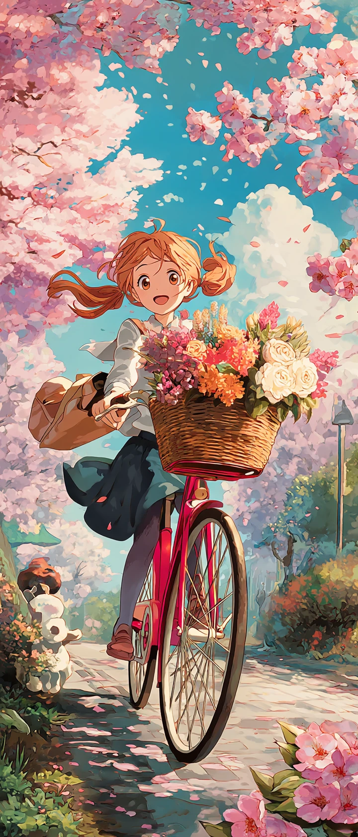 Alegre repartidora de anime en bicicleta bajo los cerezos en flor