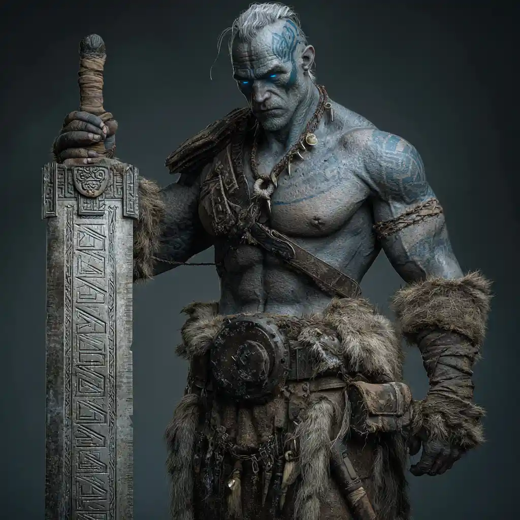 Grey skinned goliath warrior with rune engraved greatsword