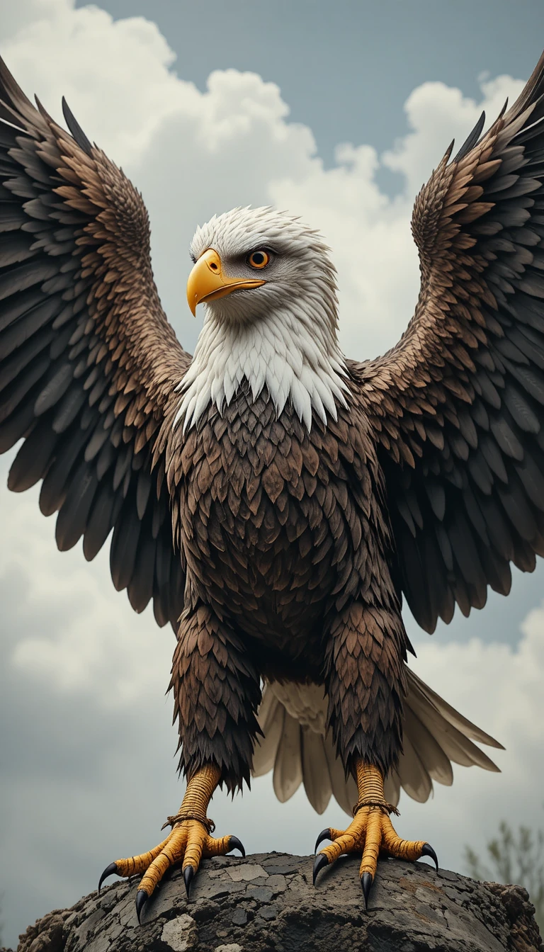 Fierce eagle with spread wings against cloudy sky