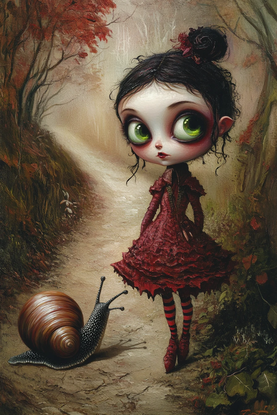 Whimsical girl and snail walking along a dreamy forest path
