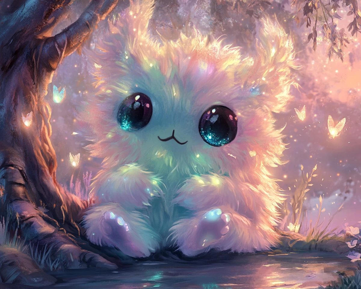 Whimsical Chibi Fantasy Creature By A Magical Tree