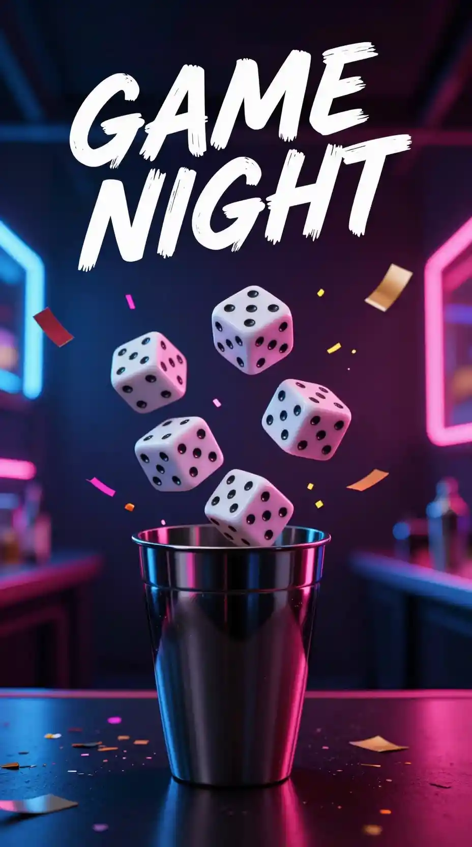 Floating dice and confetti under bold neon casino lights