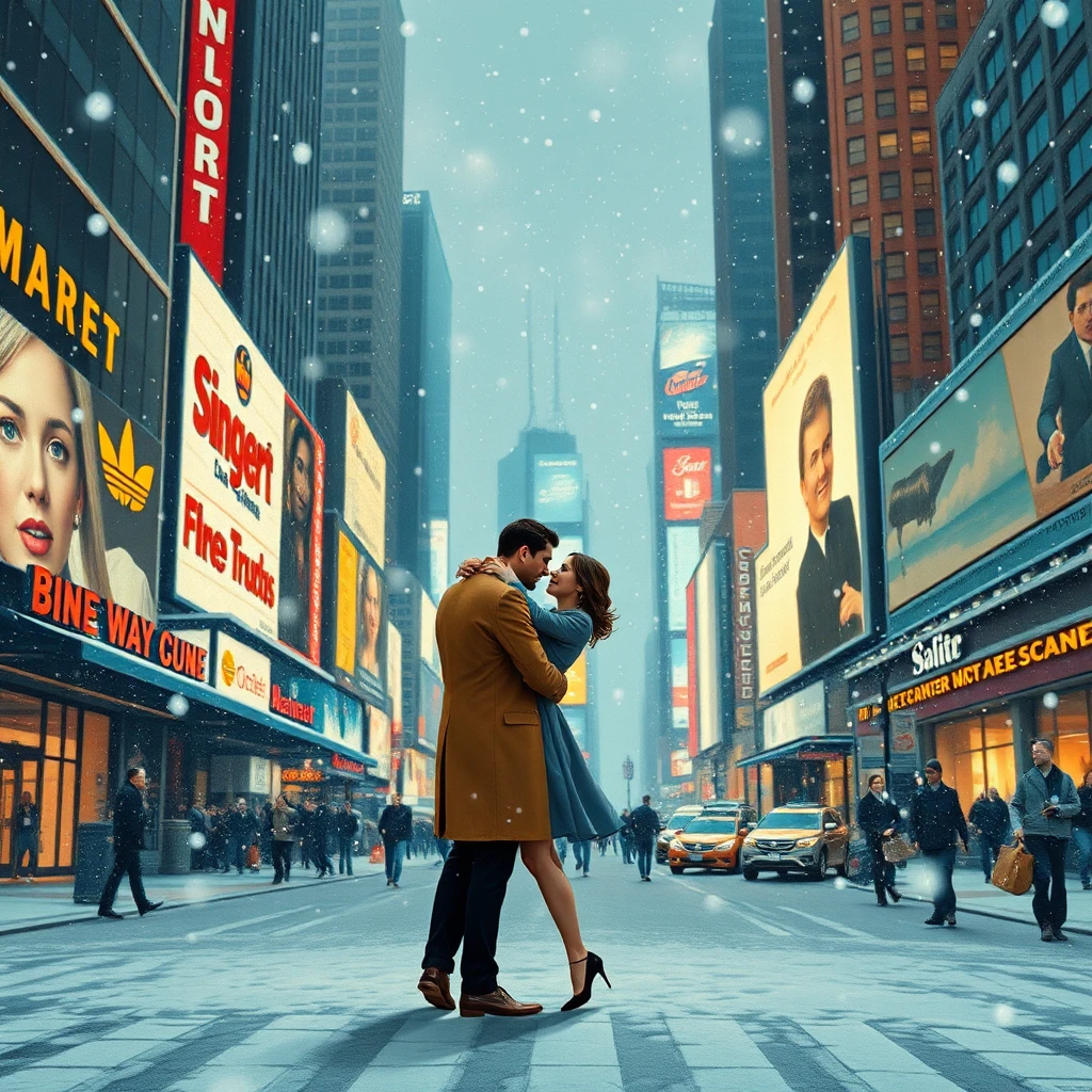 Couple Embracing In Snowstorm On Times Square Street