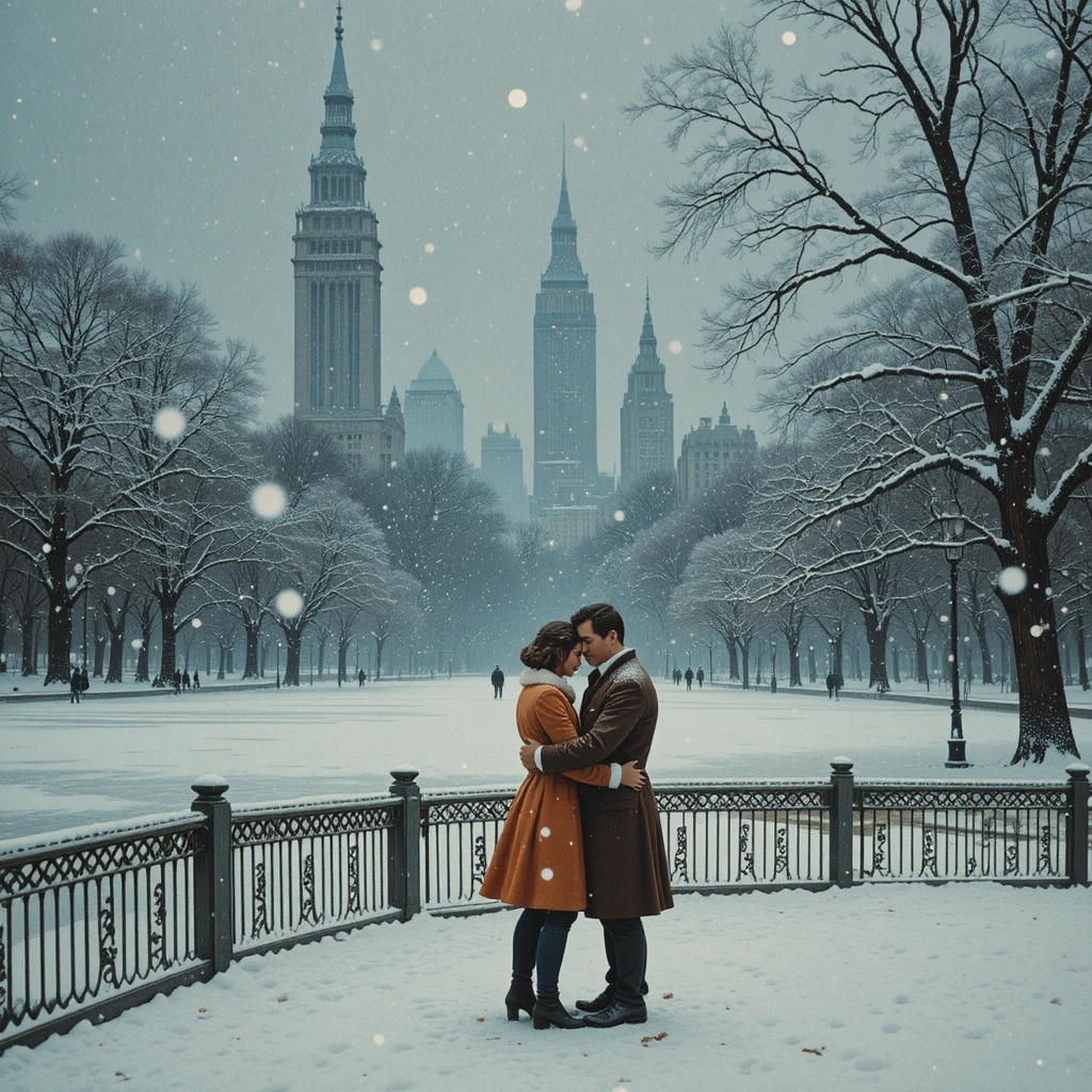 Couple Embracing Alone In Snowy Central Park Blizzard