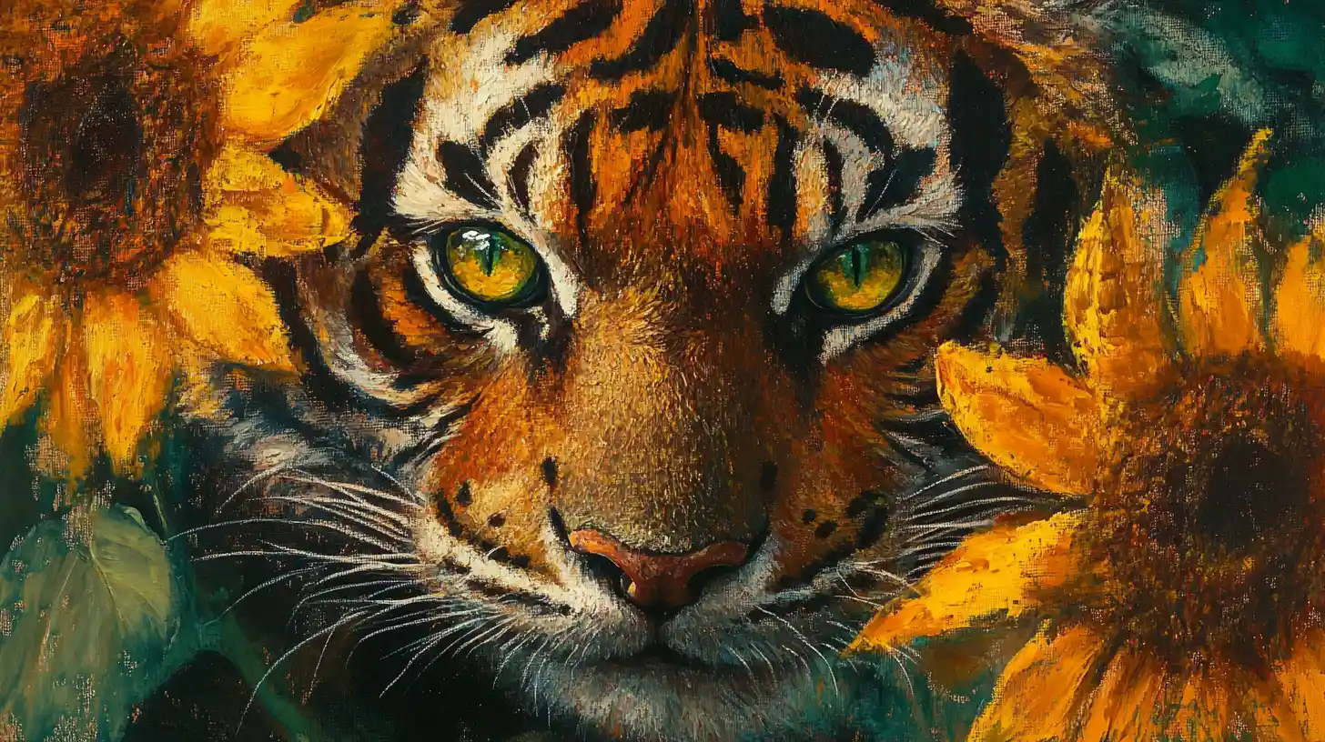 Impressionist tiger emerging toward the viewer from the frame