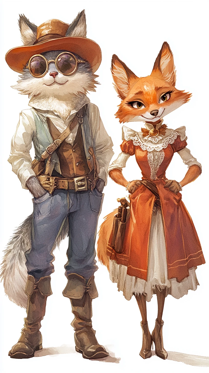 Watercolor cat and fox in fairy tale conversation scene