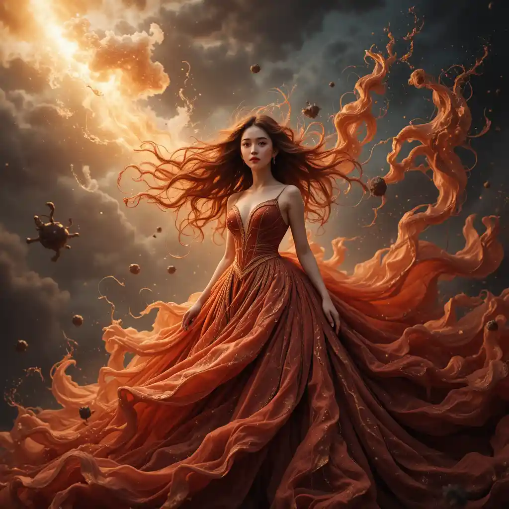 Korean woman in flowing golden nebula gown under stormy sky