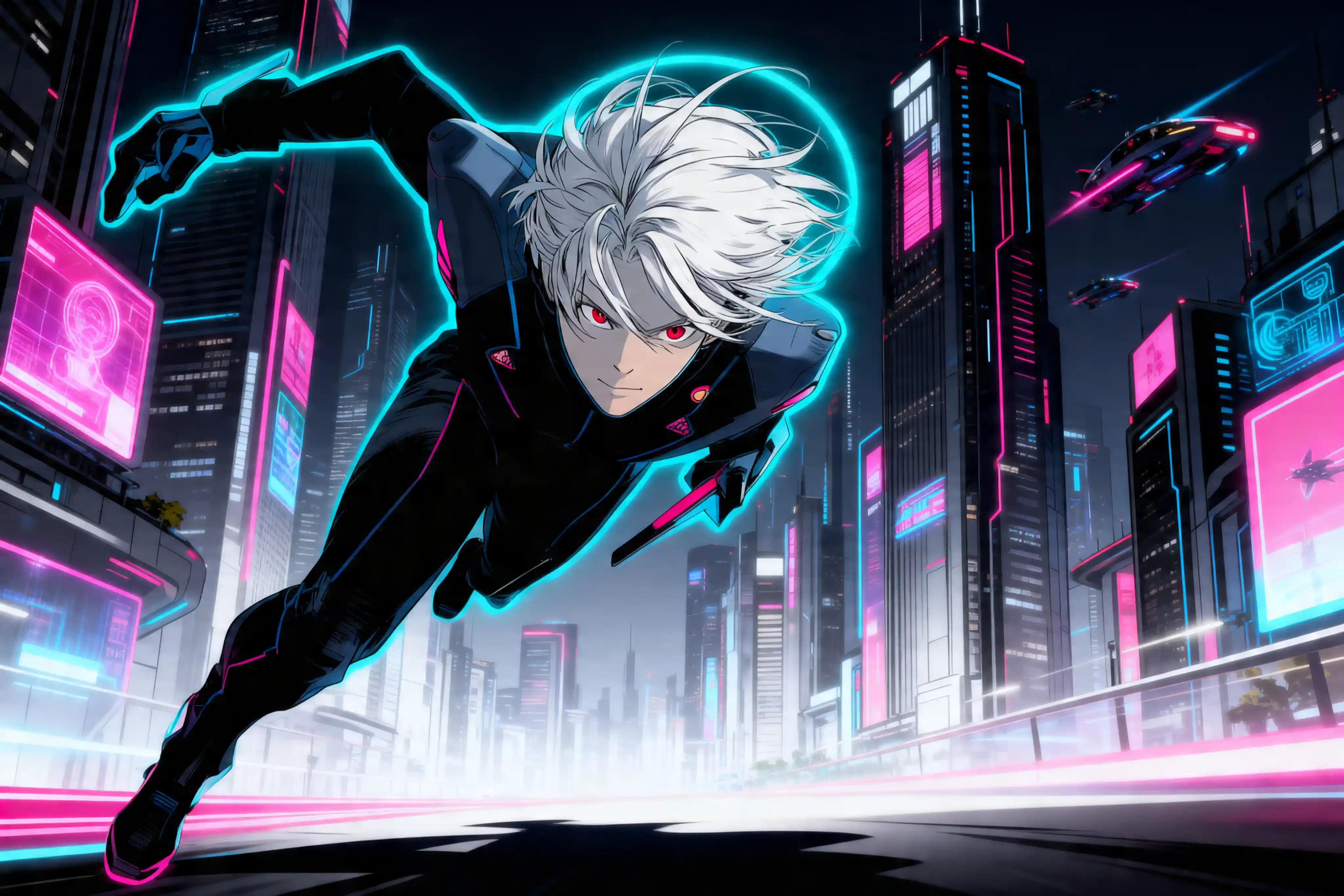 Cyberpunk anime woman with neon highlights and sharp contours