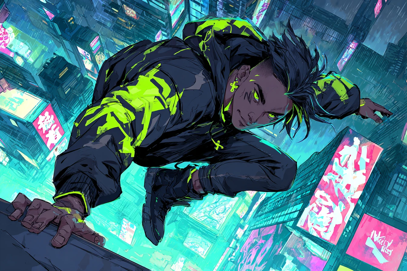 Cyberpunk anime man vaulting across neon city rooftop