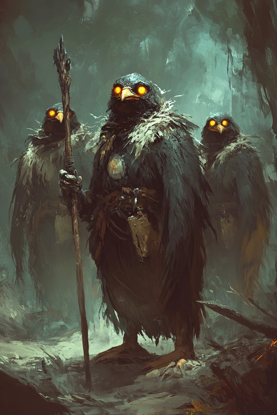 Eerie anthropomorphic penguins gathered in a dark forest
