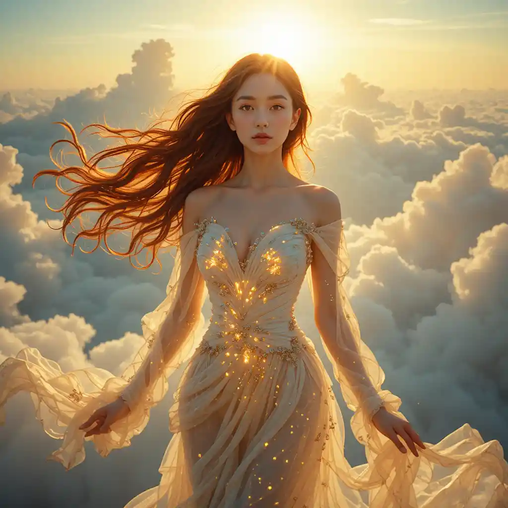 雲端中穿著發光薄紗禮服的天界韓國少女