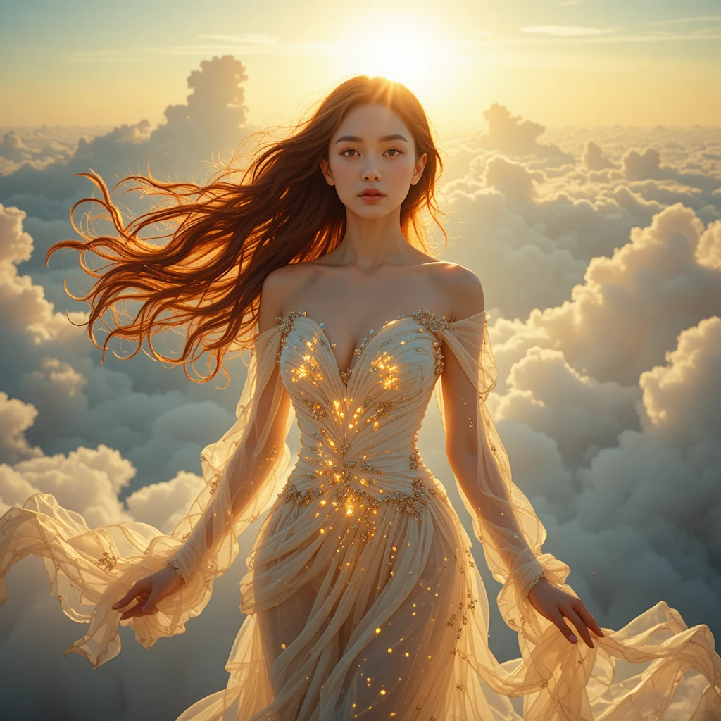 Himmlisches koreanisches Mädchen im leuchtenden, zarten Kleid zwischen den Wolken