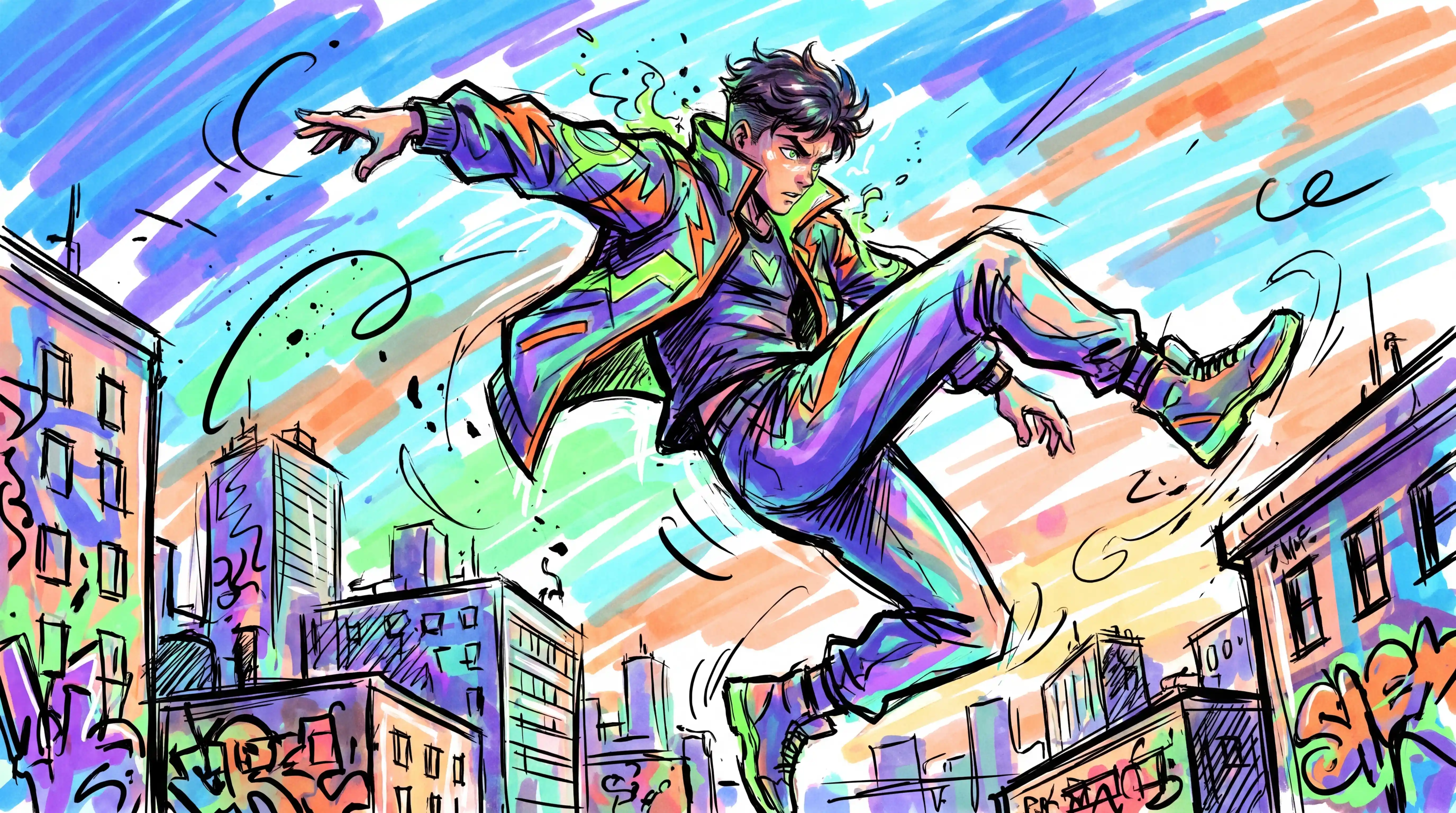 Energetic rooftop leap of a stylized warrior woman