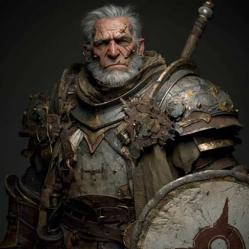 Paladino orc marcado pela batalha com martelo e escudo