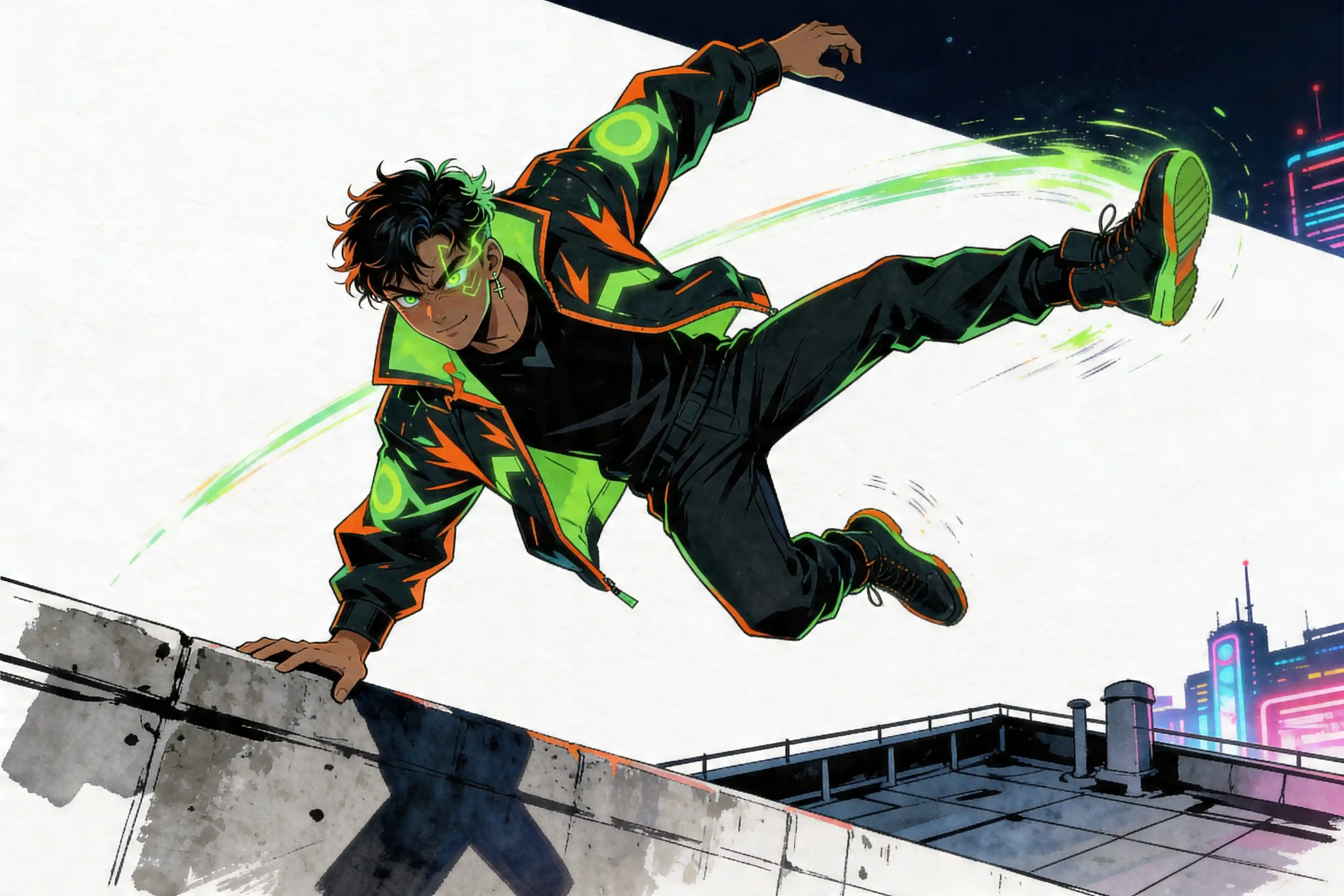 Anime rogue vaulting over a neon city rooftop