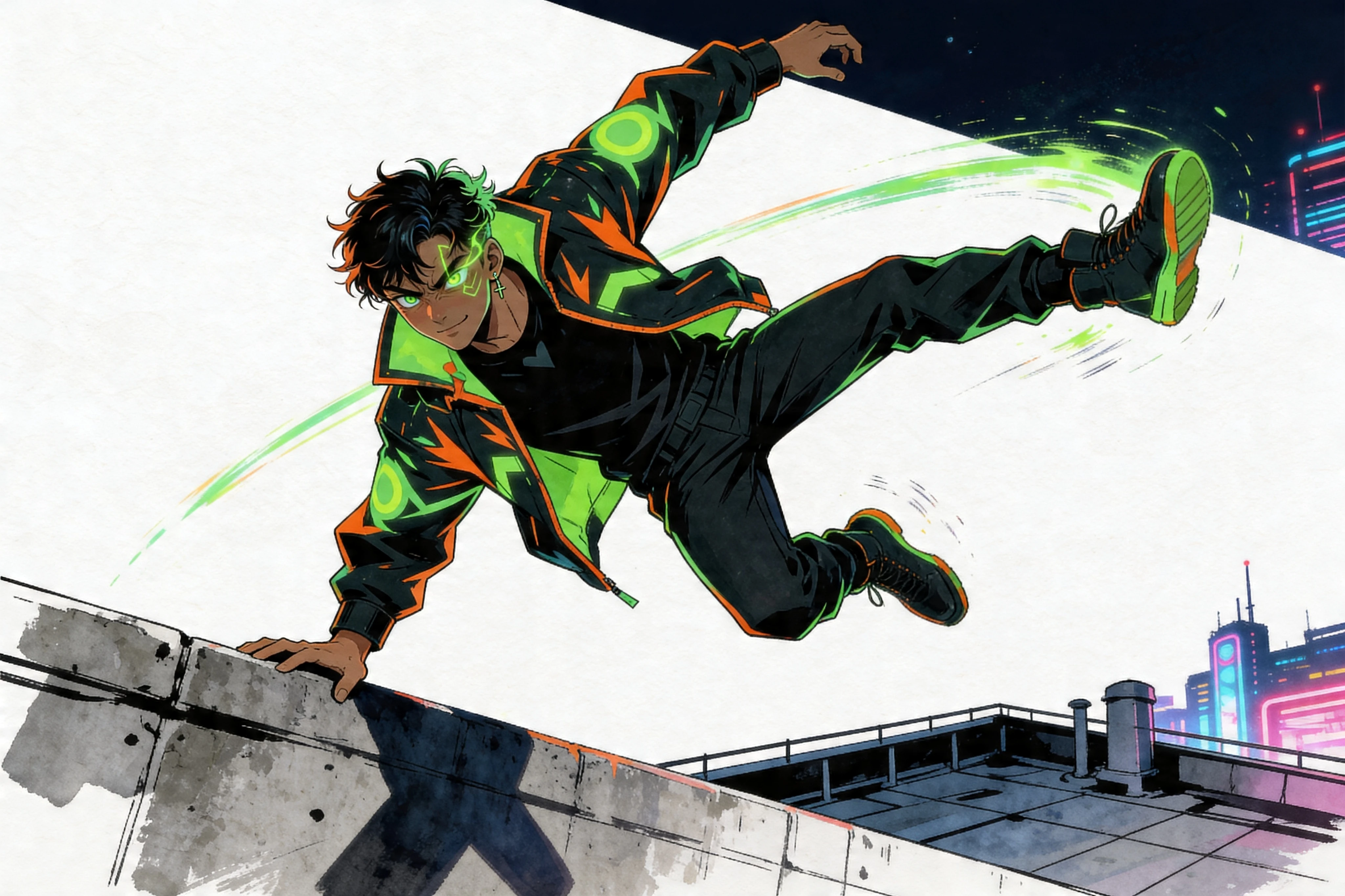Anime rogue vaulting over a neon city rooftop