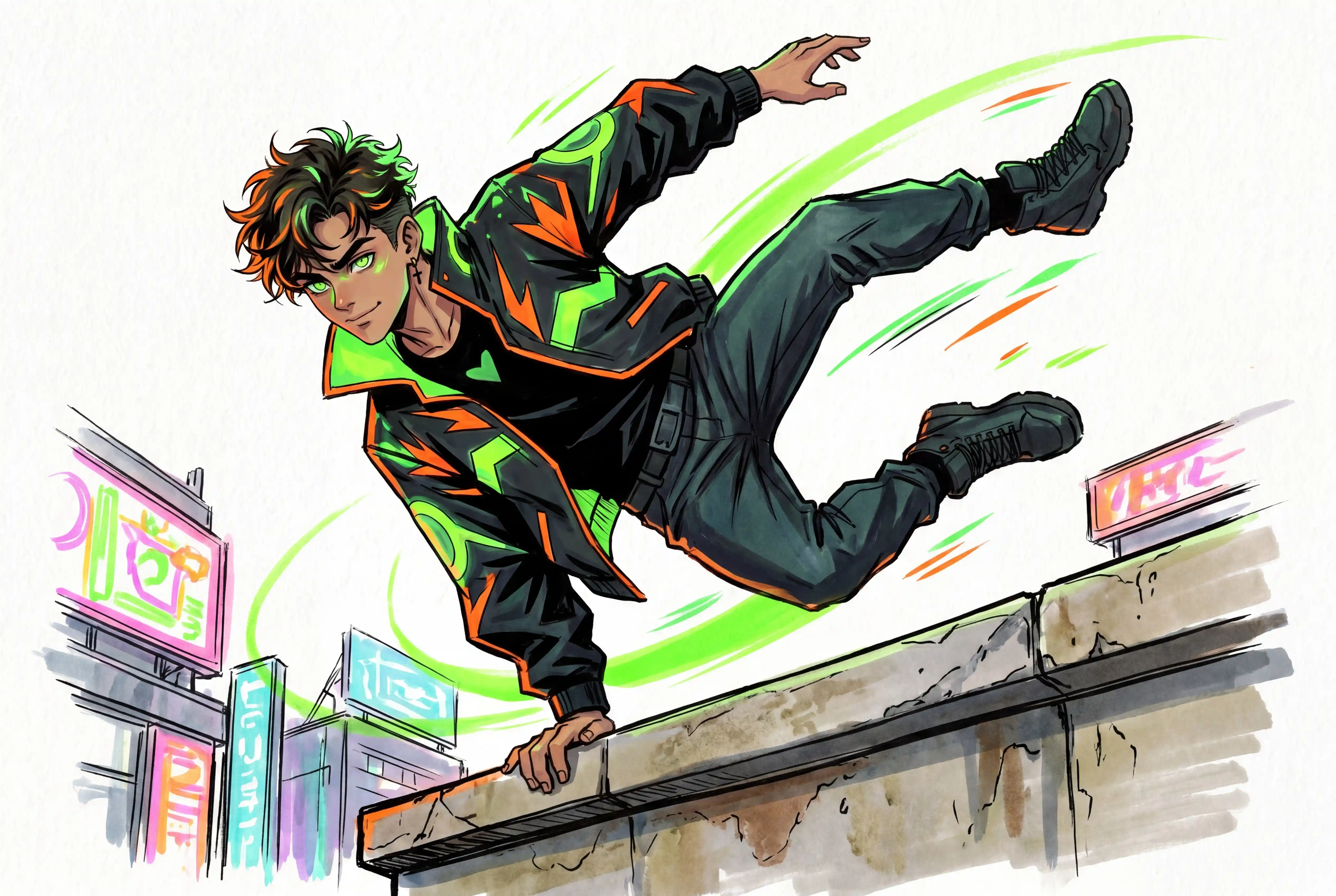 Anime-Parkour-Held springt über ein Neon-Stadtdach