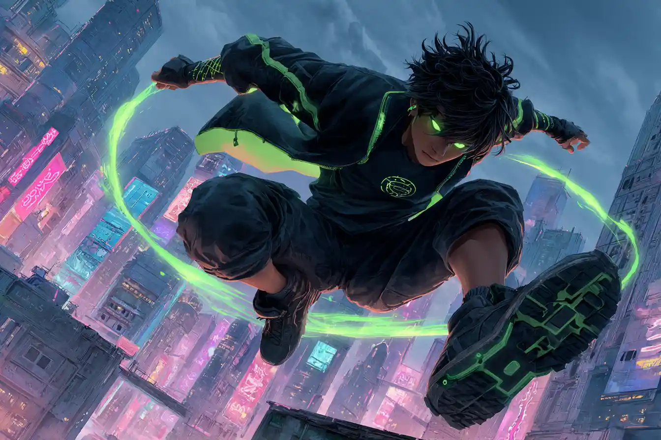 Cyberpunk anime hero vaulting across neon city rooftops