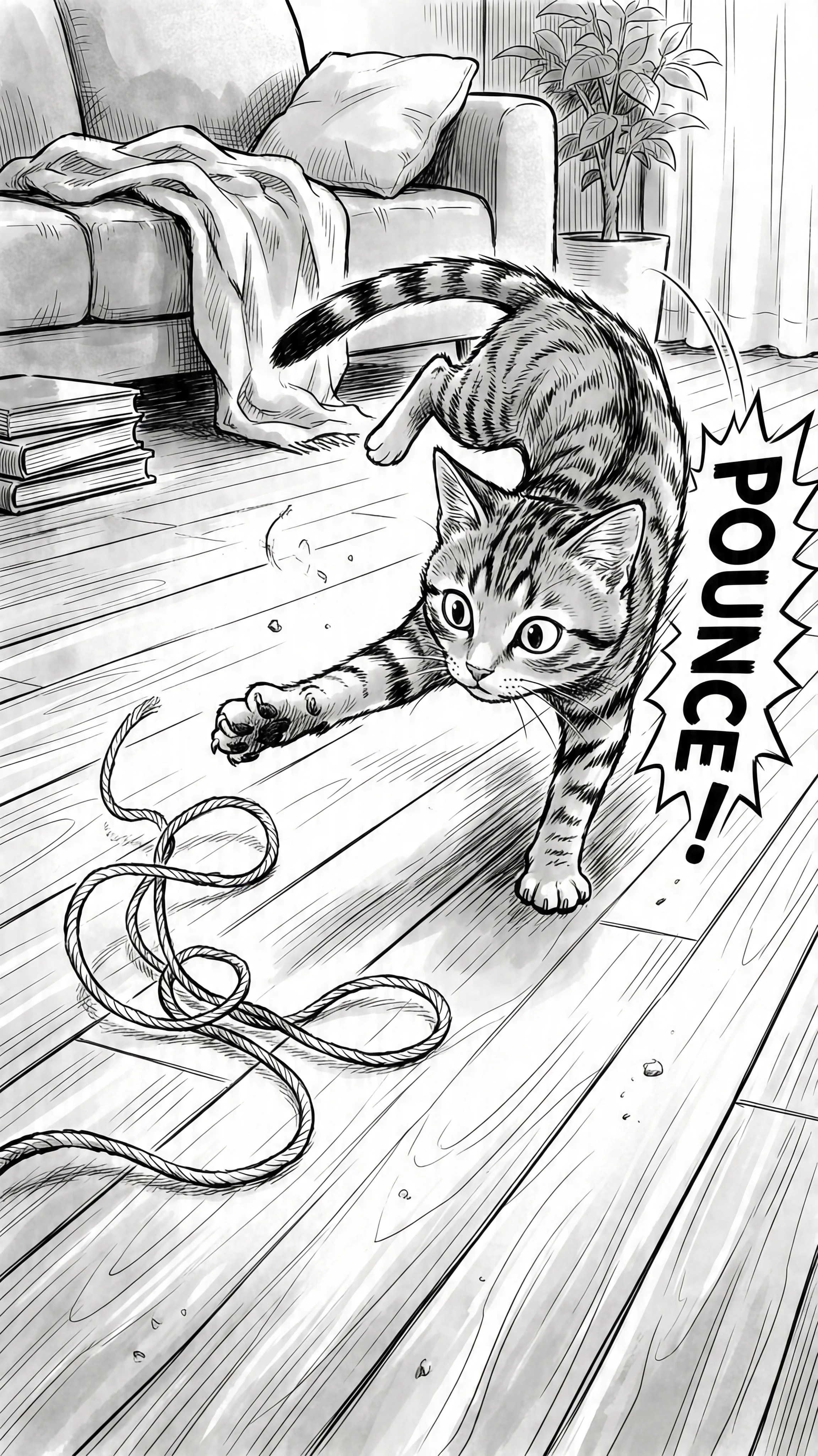 Cartoon cat with manga style pounce text on the side