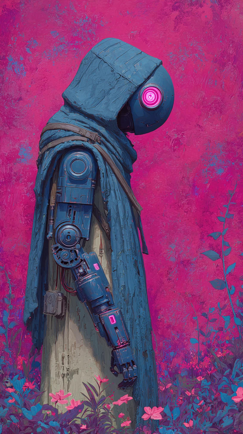 Hooded humanoid robot with glowing pink eye in garden