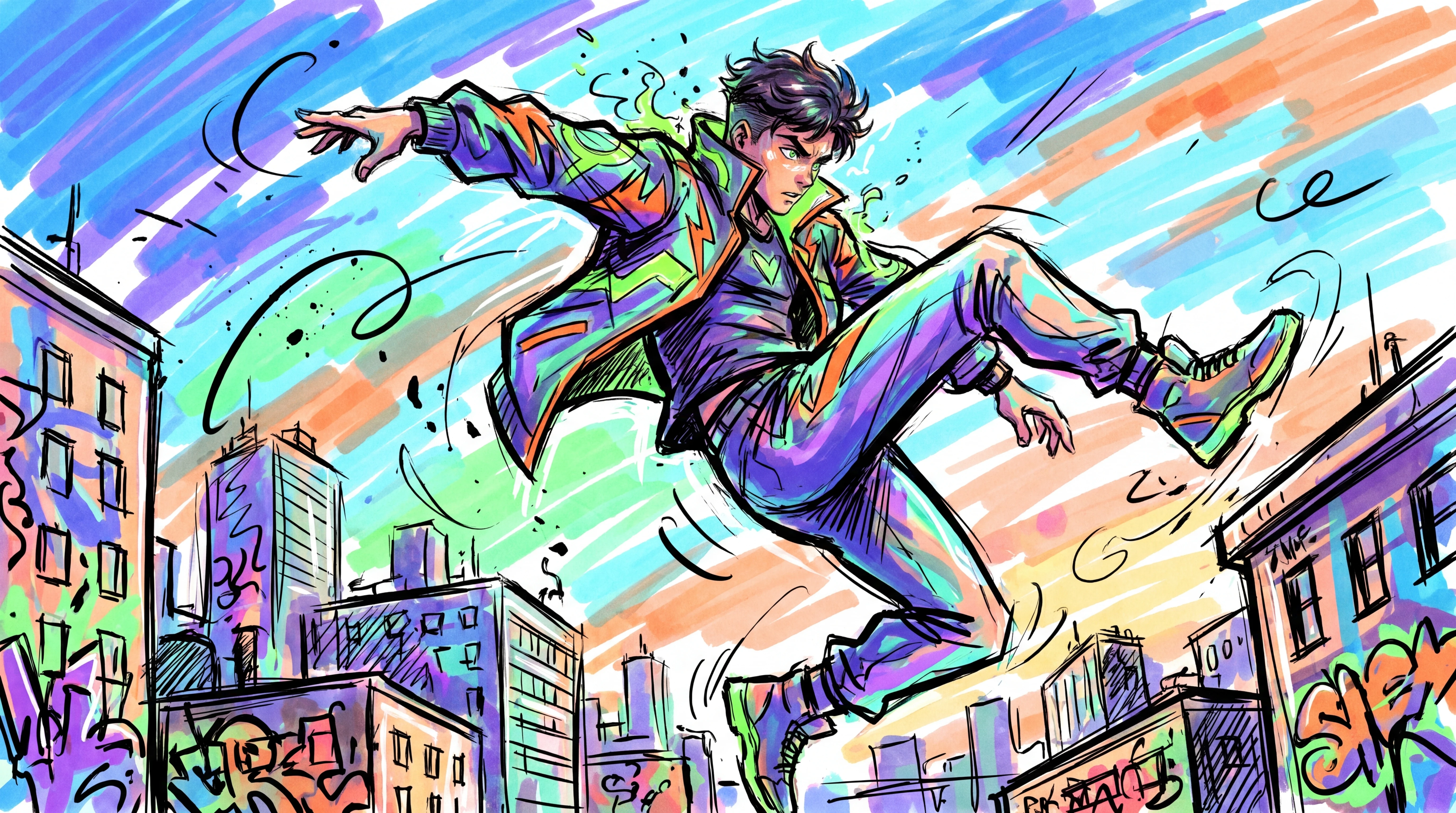 Energetic rooftop leap of a stylized warrior woman