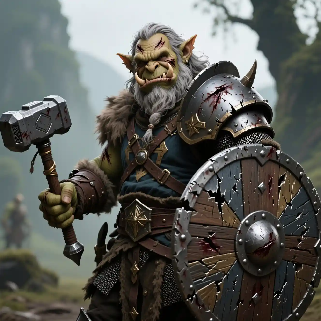 Kindly orc paladin adventurer in battered medieval armor
