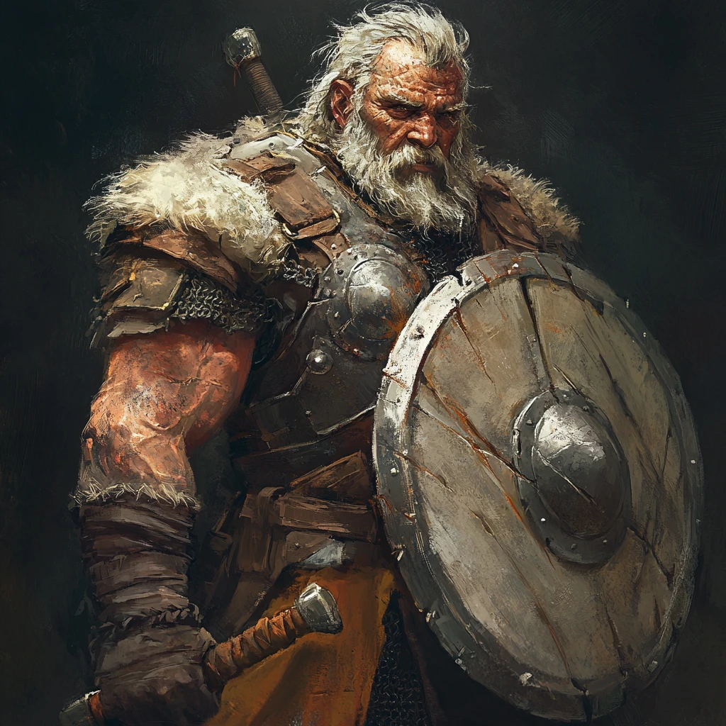 Kindly orc paladin in battered armor with hammer and shield