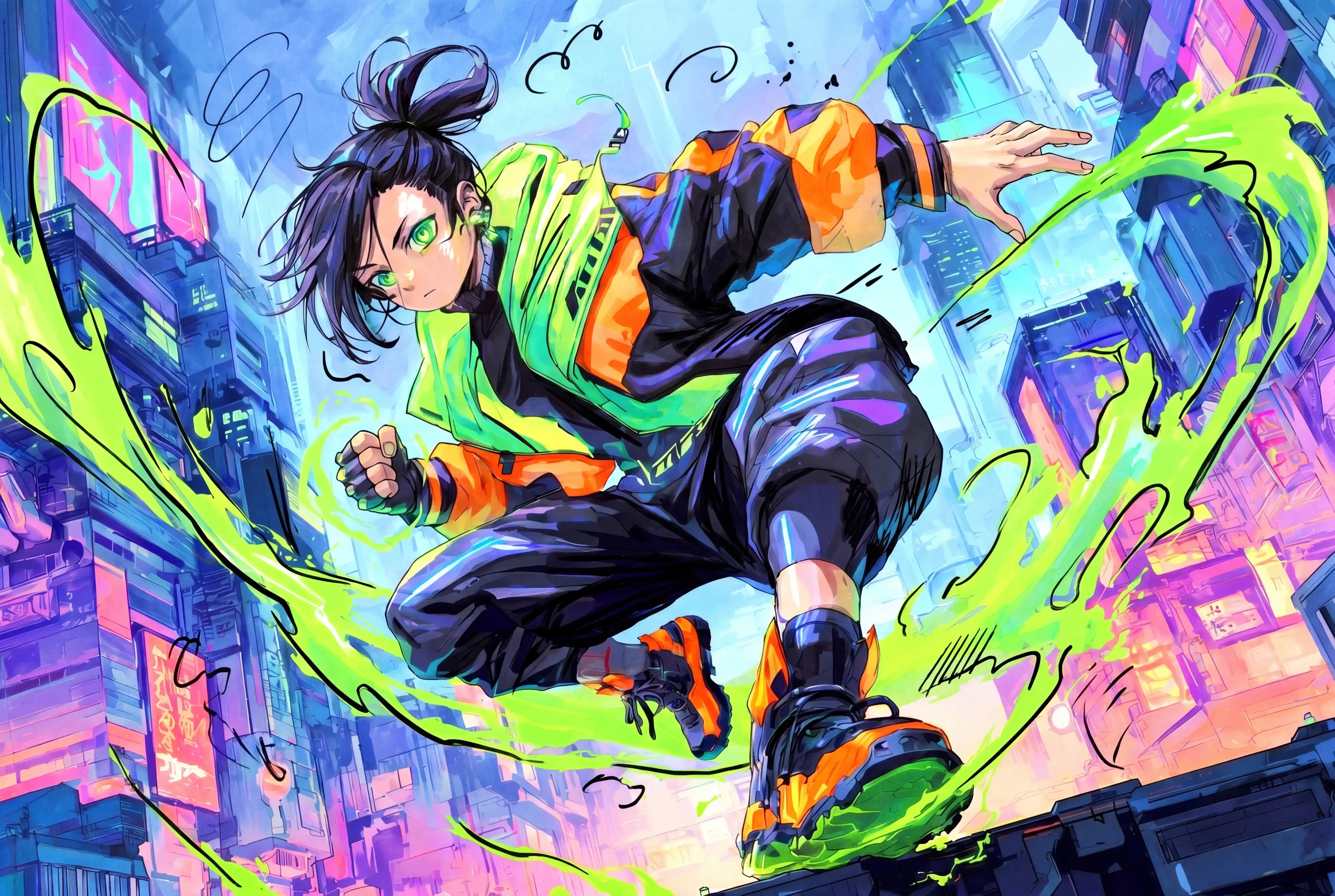 Expressive marker illustration with bold lines and neon colors
