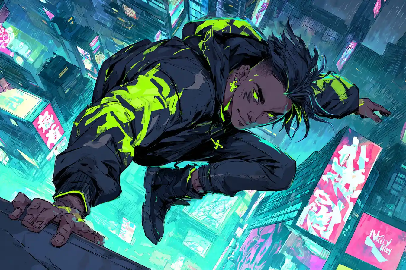 Cyberpunk anime man vaulting across neon city rooftop