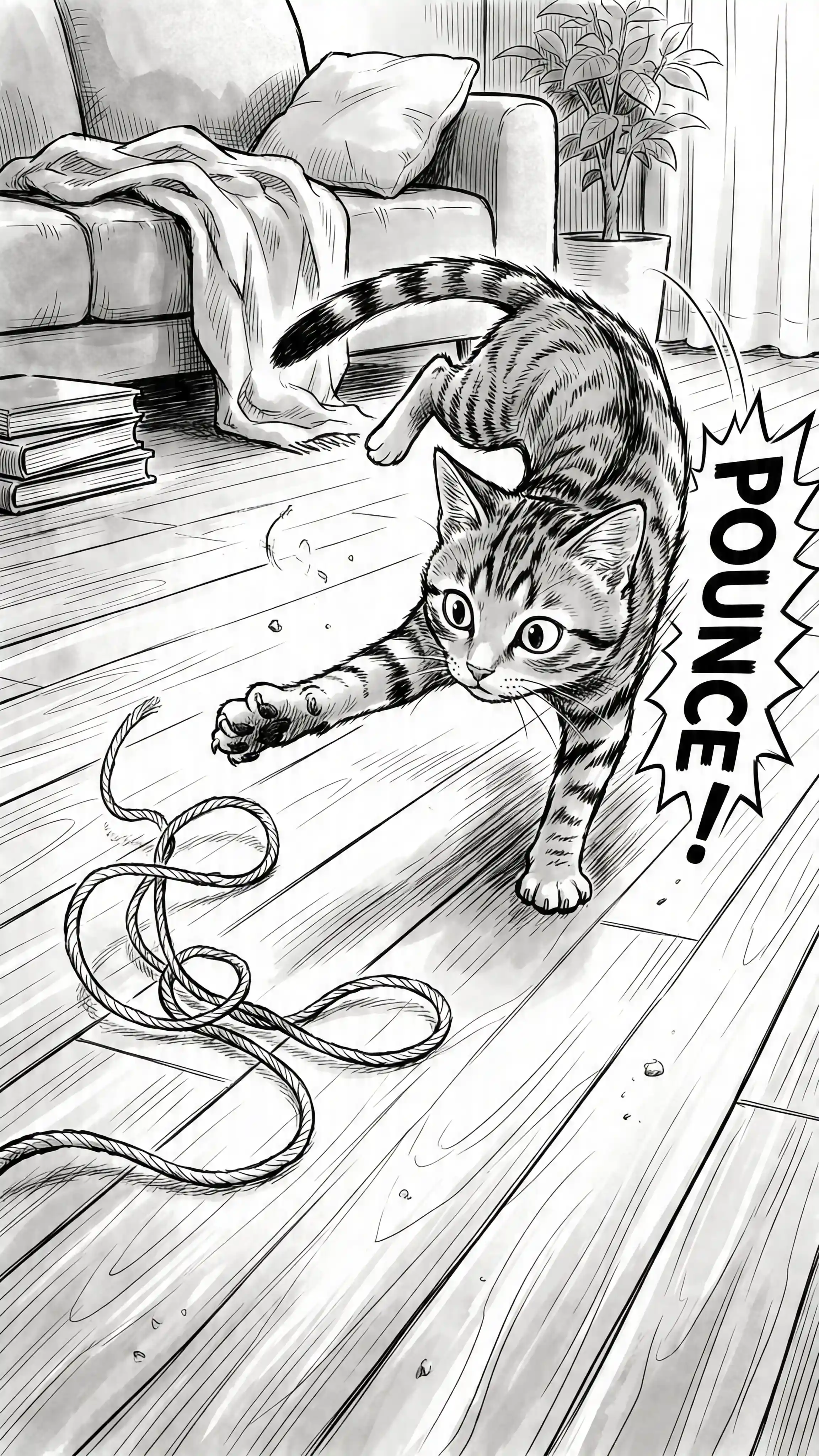 Cartoon cat with manga style pounce text on the side