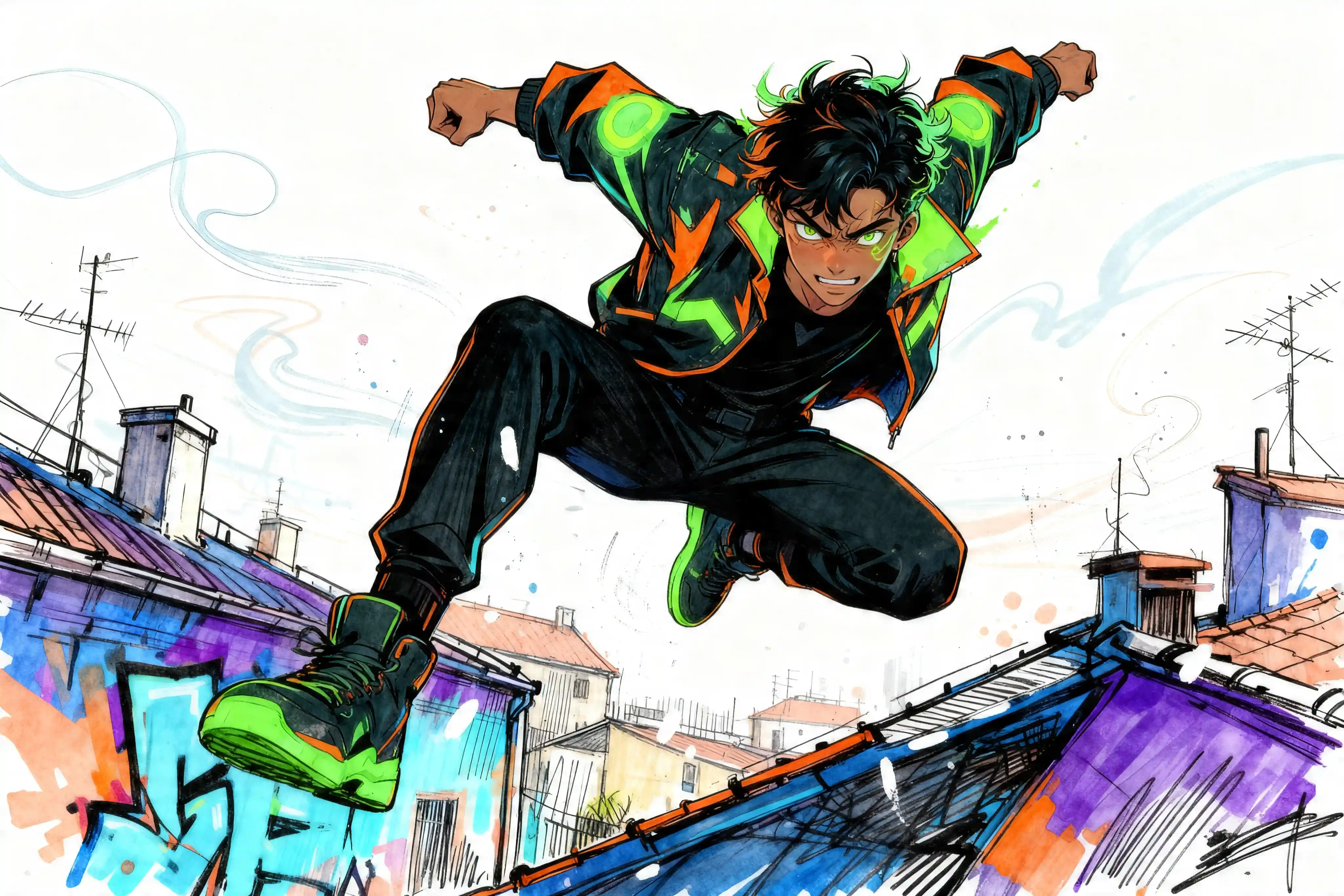 Dynamic rooftop leap of a stylized warrior woman