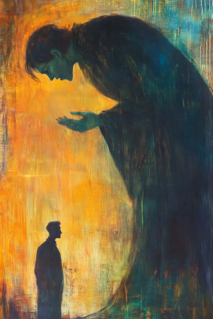 Spooky colorful spiritual art of a large woman over a man