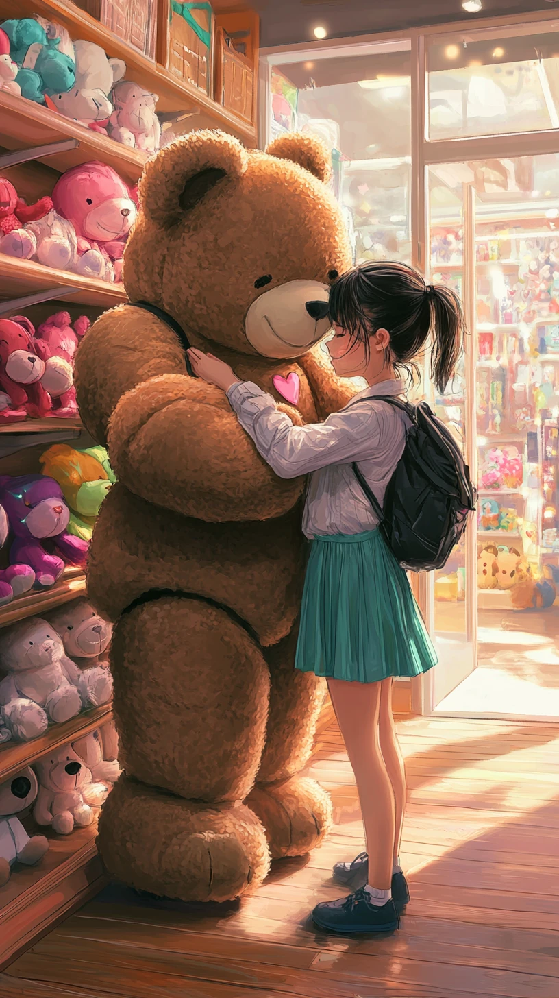 Anime girl hugging a giant teddy bear in toy store