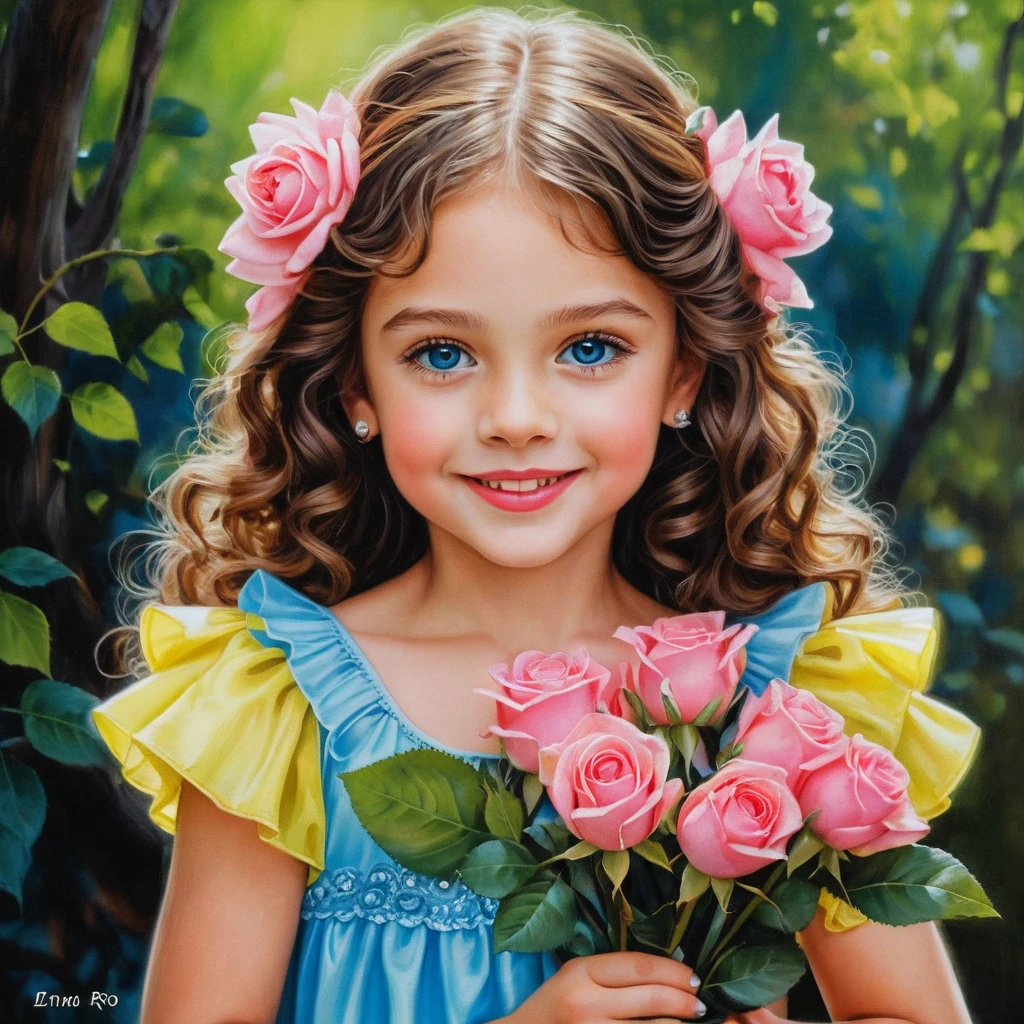 Smiling girl with long brown hair holding pink roses