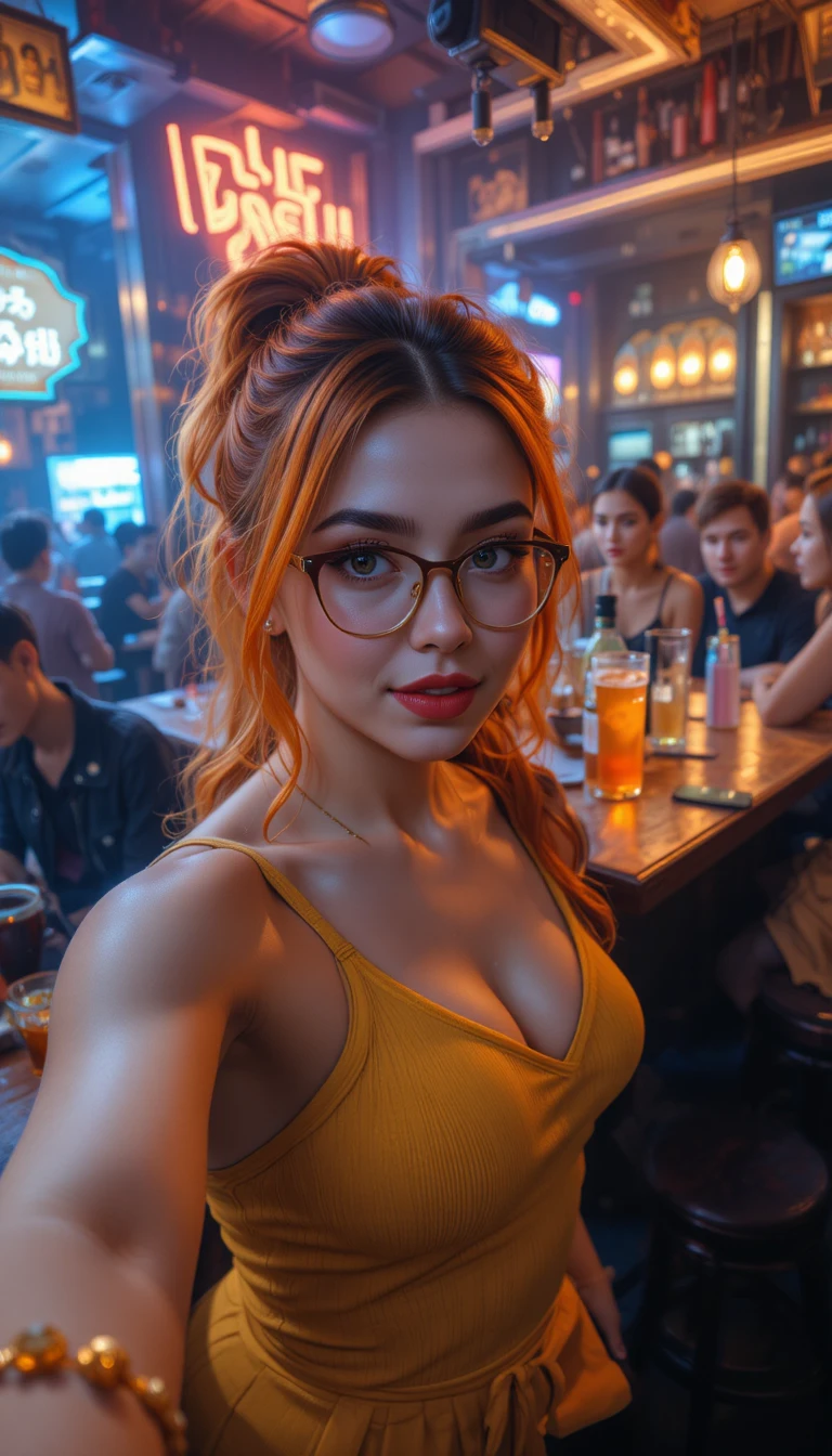 Mujer con estilo tomándose una selfie en una discoteca iluminada con neón