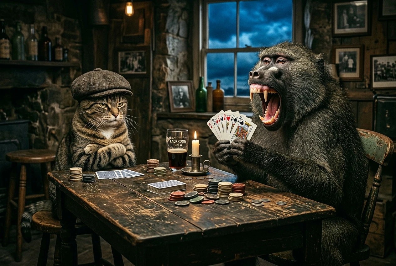 木製のテーブルでカードをするヒヒと猫