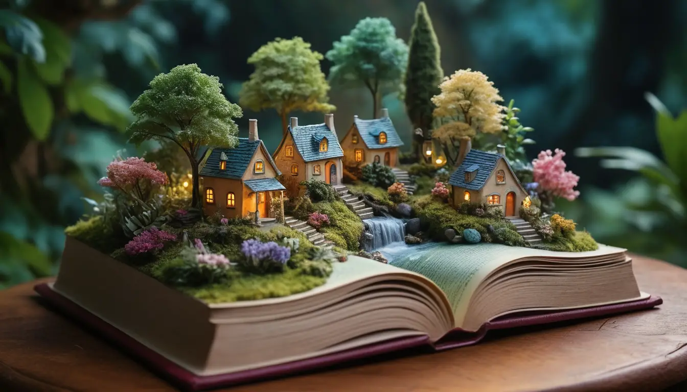 Miniature Fantasy Village On An Open Book In Lush Forest