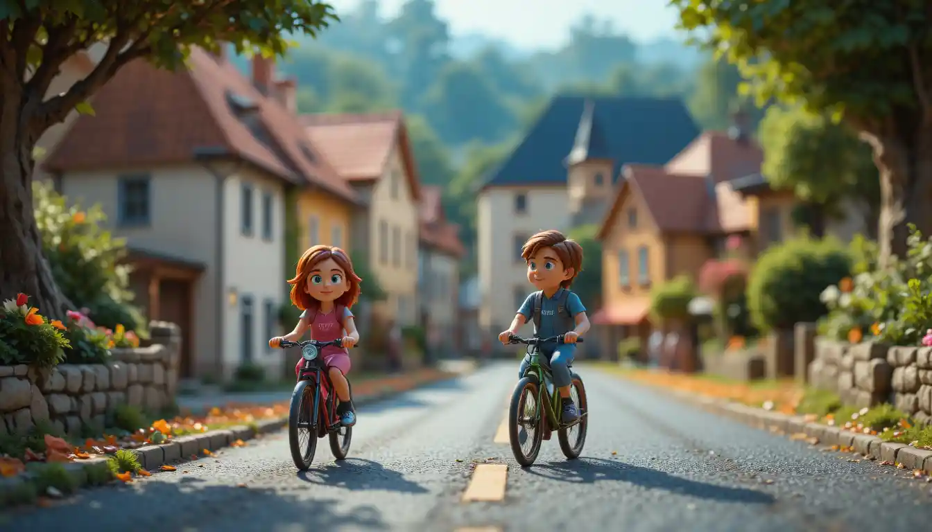 Pixar style clay cyclists racing through a French village