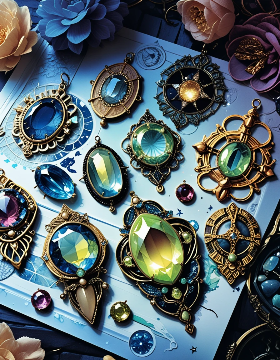 Bohemian gemstone jewelry with neon celestial zodiac illustration
