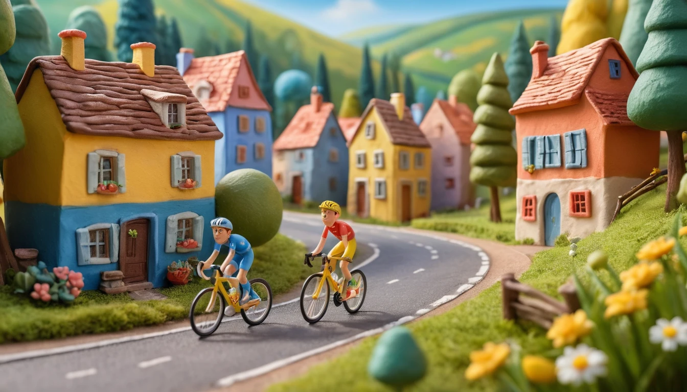 Playful clay cyclists racing through a French village street