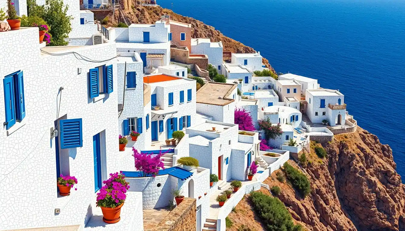 Cliffside white village painted in luminous pointillist color
