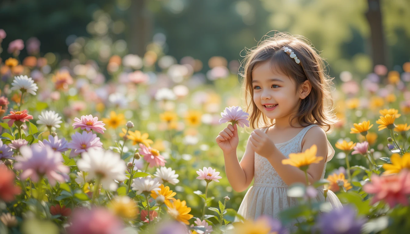 Smiling little girl smelling flowers in a sunny garden