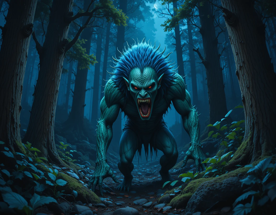 Horned supernatural monster lurking in a dark forest